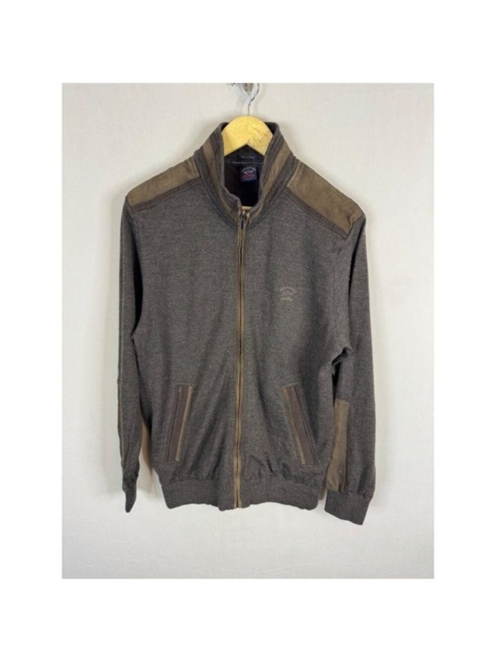 Paul & Shark Yachting Mens Wool Full Zip Cardigan Goat Leather Trim Brown Size M